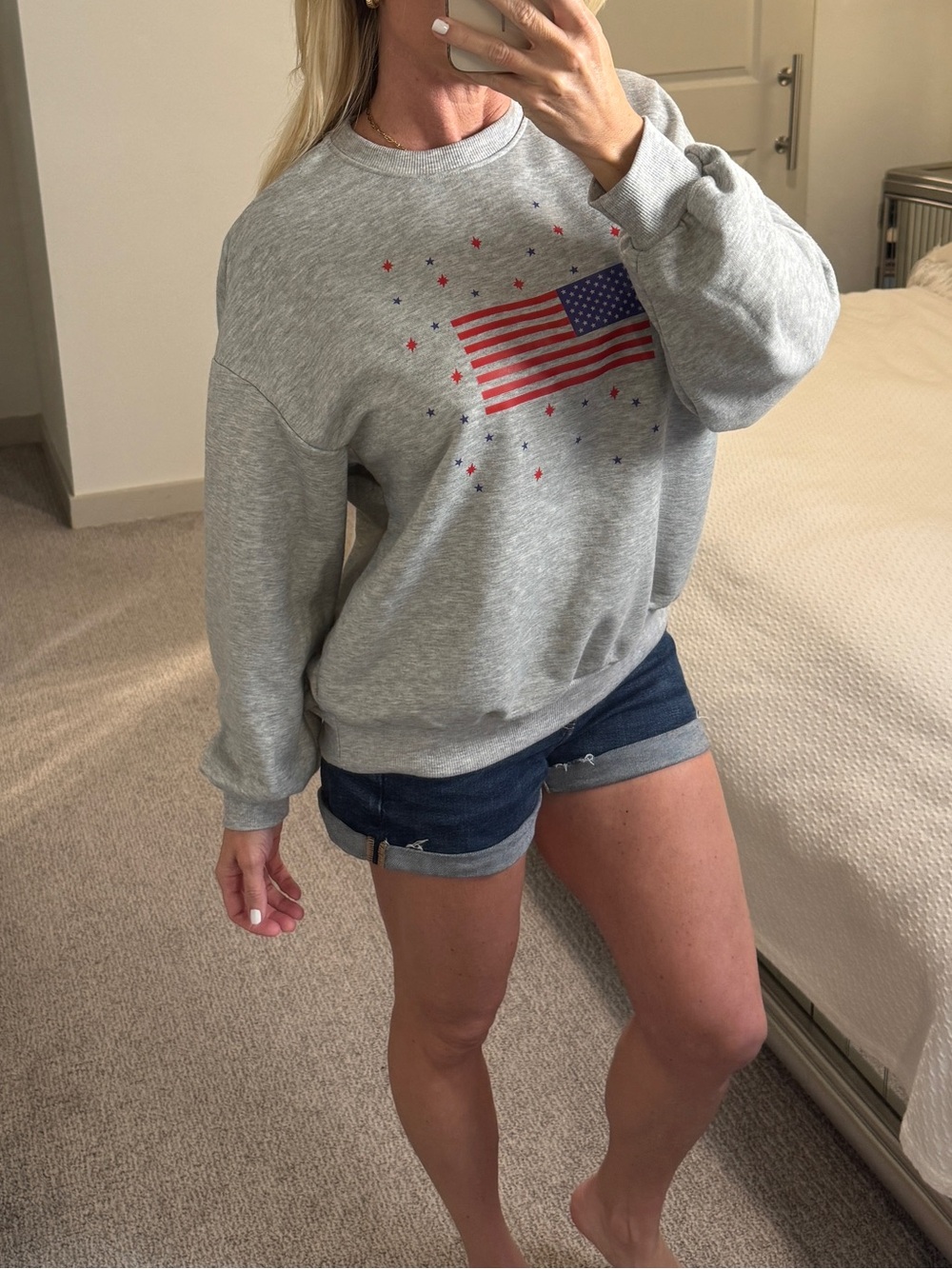 SHEIN Heather Gray Crewneck Sweatshirt with USA Flag Star Accents USA Small
